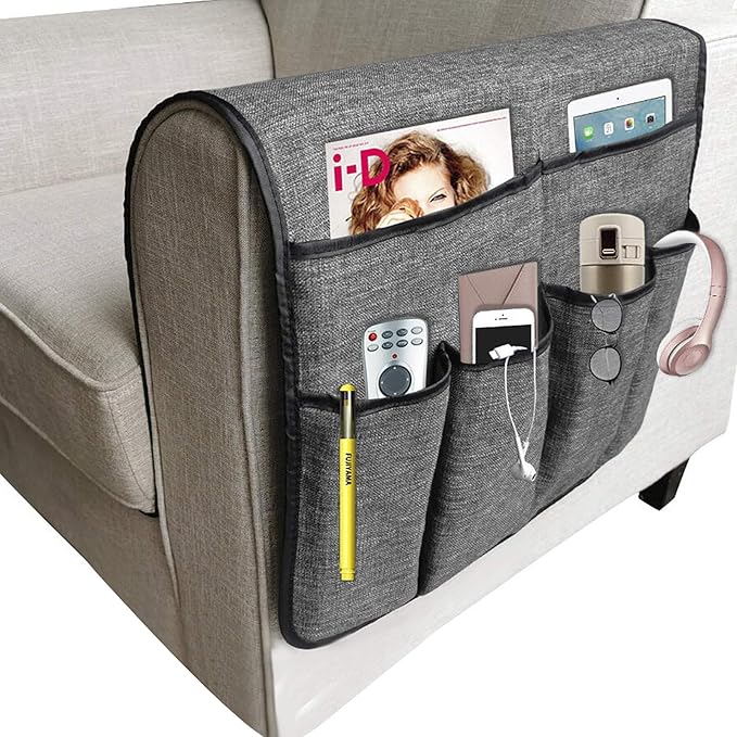 Couch Sofa Armrest Organiser Arm Chair Caddy Bedside Storage Pocket with 8 Pockets TV Remote Holder Bed Storage Pocket Bag for Cellphone Tablet Notepad Book Magazines DVD Glasses