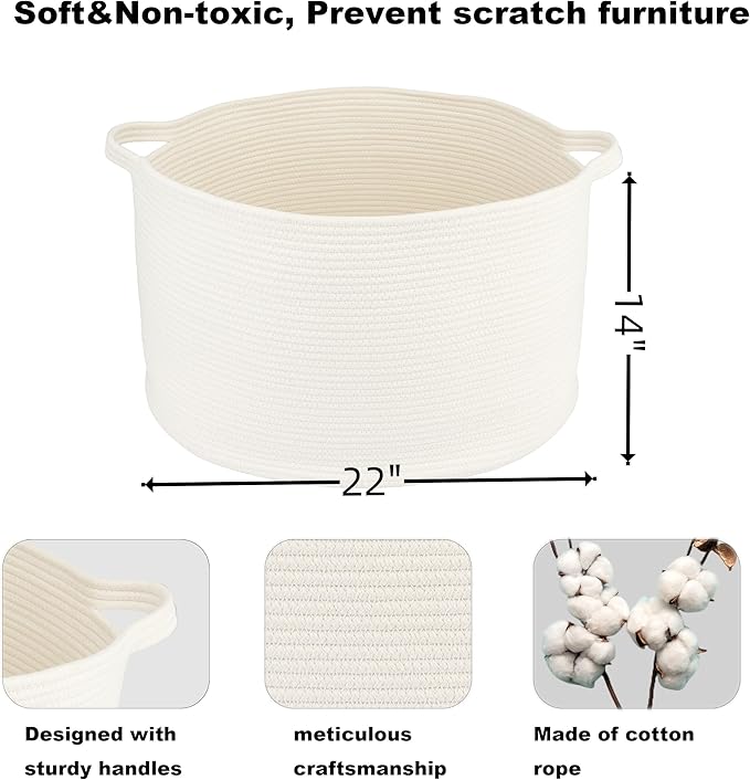 XUANGUO Large Cotton Rope Basket Blankets Basket Living Room 22"x14" Toy Basket for Kids and Dogs Rope Storage Basket for Nursery Woven Laundry Basket for Clothes Towels Baby Toy Storage round white