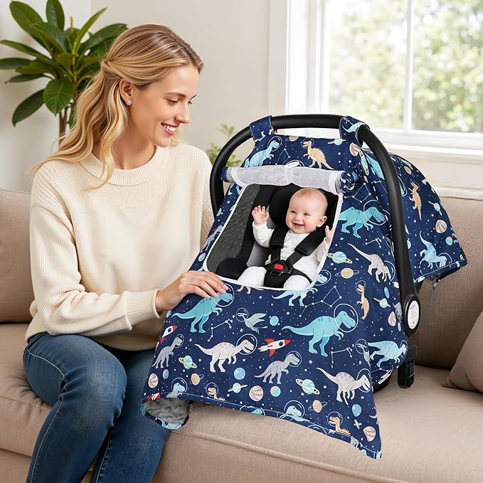 Car Seat Cover Baby, Carseat Covers Baby with 2 Layers Breathable Windows, Windproof Infant Car Seat Cover, Kick-Proof Baby Carrier Cover for Baby Boy Newborn Essentials