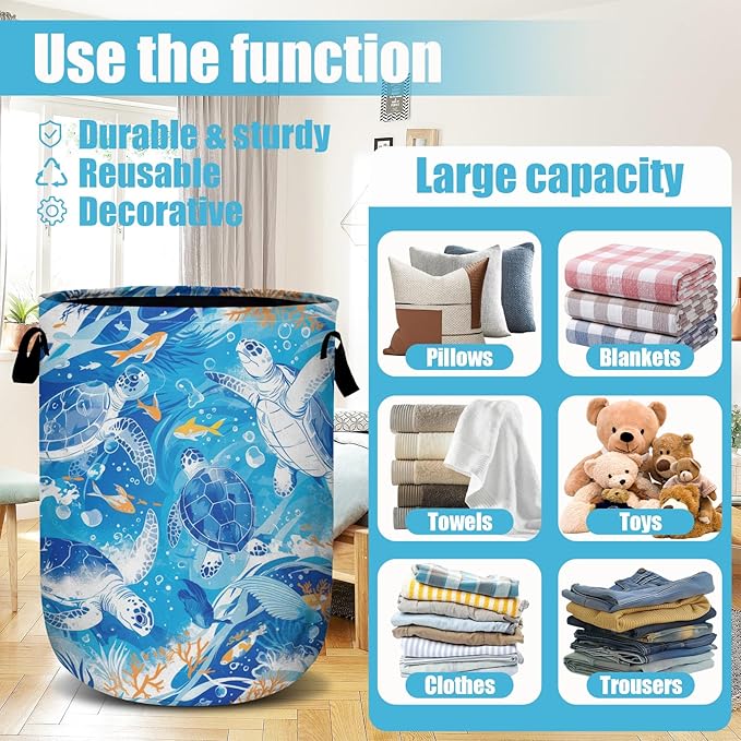 Sea Turtle Laundry Basket, Ocean Fish Coral Laundry Hamper Collapsible Oxford Cloth with Handle Clothes Toy Storage Bin for Bathroom Laundry Room Bedroom 15.7 X 20 Inch