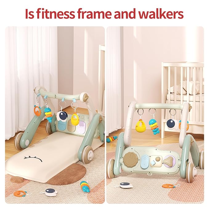 Jovow 2 in 1 Baby Gym with Walker,Baby Play Mat with 4 Infant Learning Sensory,Double-Sided Multifunctional Removable Play Piano Panel,Sit-to-Stand Learning Walker for 0-24 Months Boy Girl [White]
