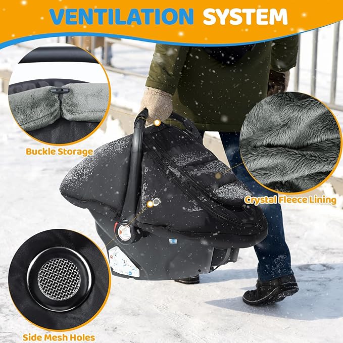 IvyWind Baby Car Seat Cover, Universal Winter Carseat Cover for Babies with Breathable Mesh Window, Cozy and Warm Infant Car Seat Covers for Cold Weather, Kick-Proof Carseat Canopy for Boy Girl, Black