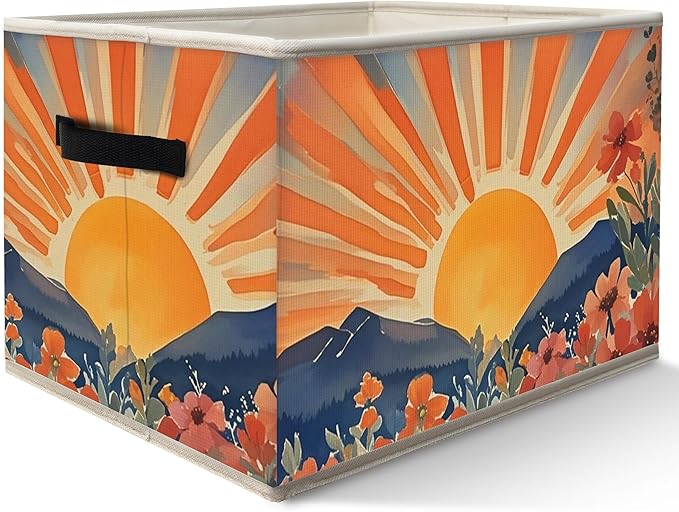 FDHSPAAM Boho Wildflower Sunshine Storage Bins Box with Handles, Maximalist Eclectic Sun Sunrise Sunset Collapsible Fabric Storage Basket Box Organizer for Bedroom Bathroom Clothes Toys Books