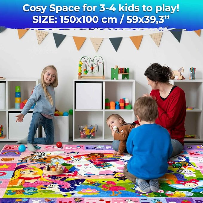 QUOKKA Small Classroom Girl Rug for Kids - 60x41 ABC Rugs for Playroom - Bedroom Alphabet Learning Area Rug - Girls Toddler Rugs Boys and Girls - Kids Room Carpet