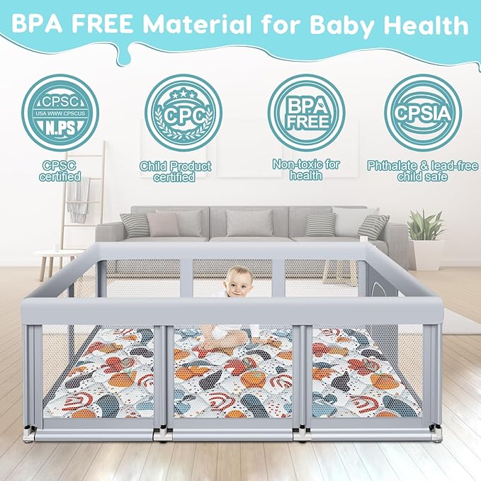Fshibila 74" ×50" Large Baby Playpen, Baby Playard for Babies and Toddlers, Play Pens for Indoor & Outdoor, Sturdy Safety Play Yard with Soft Breathable Mesh, Anti-Fall, Grey (with MAT)