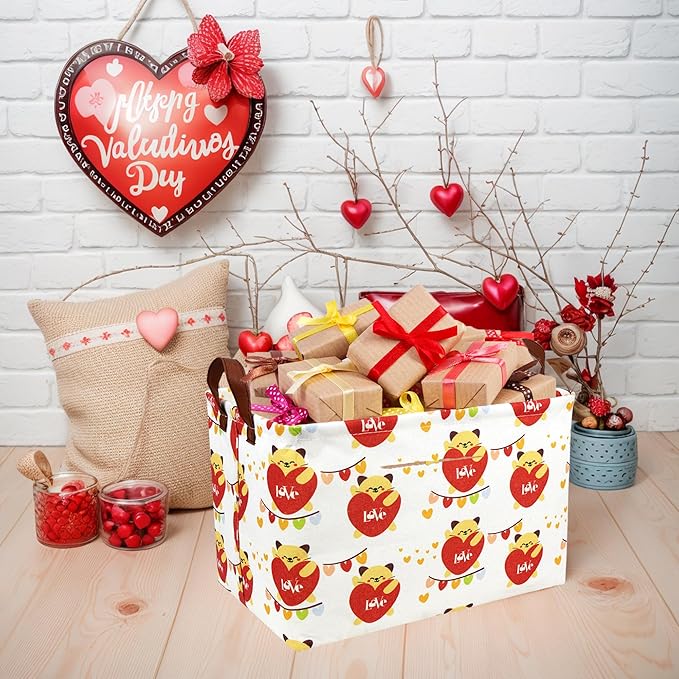 ASKETAM Valentine's Day Basket Gift for Empty Cute Heart Large Storage Bin for Kid and Baby Room Décor (Cat Love)