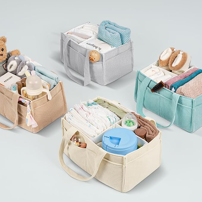 Baby Diaper Caddy Organizer - Portable Nursery Storage Basket for Newborn Essentials, Foldable Diaper Bag Organizer for Baby Shower Gifts and Registry Must-Haves, Car Organizer with Dividers (Blue)