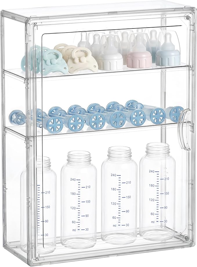 HBlife Baby Bottle Storage Organizer for Countertop Cabinet, 3 Tiers Adjustable Clear Acrylic Bottles Storage Station Case Box Container with 2 Removable Dividers and Magnetic Door, Medium