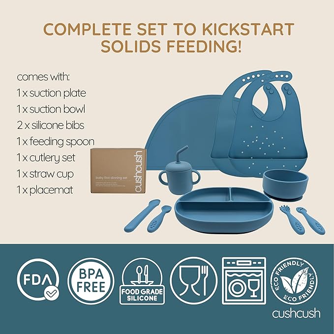 Silicone Baby Feeding Set, Baby Led Weaning Supplies, First Stage Solid Food eating Utensils, Divided Suction Plate, Bowl, Bibs, Sippy Cup, Placemat, 6+ months Newborn Gift (Pastel Blue)