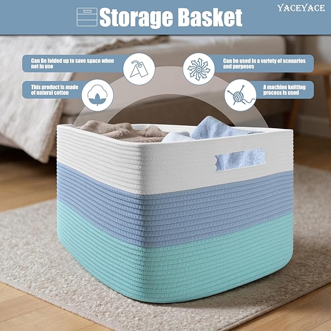 Large Basket for Blankets, Large Rope Baskets for Storage, Big Woven Cotton Bin for Nursery, Living Room, Cloth, Toy, Storage, 22"x17"x12"