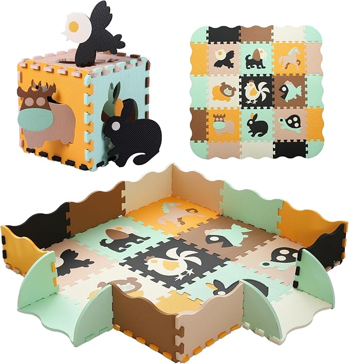 Tamiplay Foam Play Mat for Kids，25Pcs Square Interlocking Puzzle Floor Mat，Baby Play Mat Floor Mat Foam Puzzle Playmat for Toddlers with Fence（Animal-CSH005