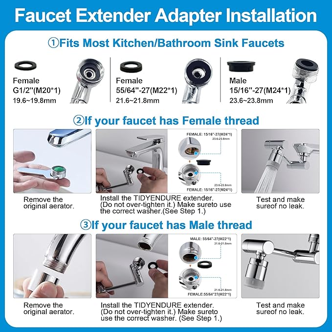 TIDYENDURE 1080° Rotating Faucet Extender, Swivel Faucets Aerator Extension, Universal Faucets Adapter for Kitchen & Bathroom Sinks Features 2 Water Flow Modes Faucet with Built-in Filter Function