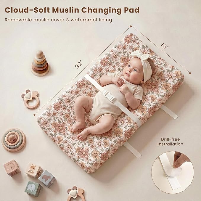 Konssy Muslin Changing Pad with Waterproof Lining Foam, Includes 2 Pack Soft & Cotton Cover, Baby Diaper Changing Pad for Dresser or Table, 32x16 inches (Vintage Petals, Taupe)