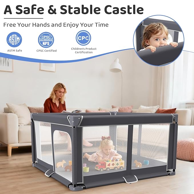 Foldable Baby Playpen - 50"x50" Safety Play Yard for Babies & Toddlers - Indoor & Outdoor Use with Carry Bag - Collapsible, Portable Play Yard, Dark Gray
