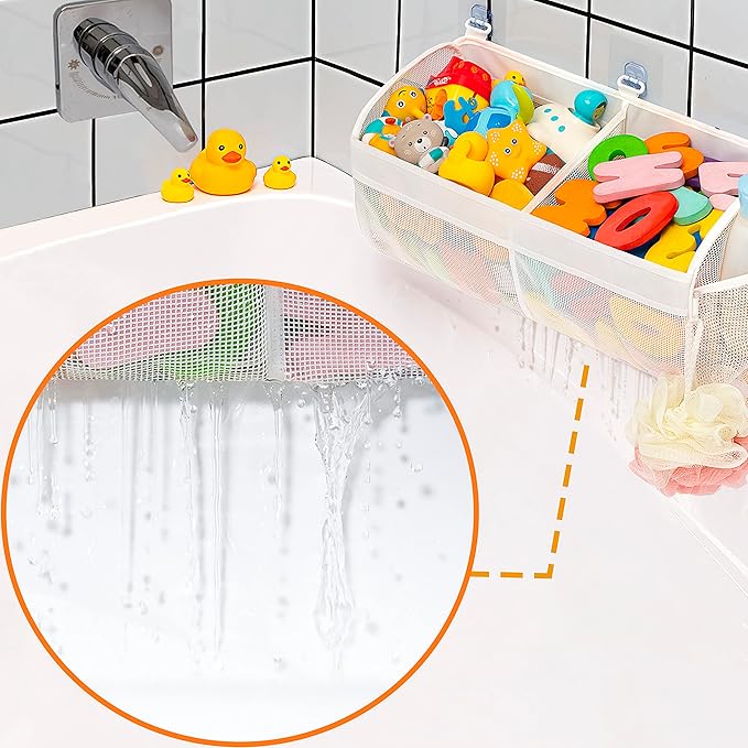 Original Two Compartment Easy-access Mesh Bath Toy Organizer for Bath Tub with Large Openings Quick Drying Cute Toddler Bath Toy Storage Holder for Baby