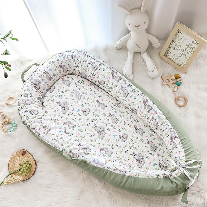 Jundetye Baby Lounger Cover for Boys Girls, Reversible Baby Nest Cover, Adjustable Baby Lounger Replaceable Cover for Infant Newborn, Portable and Machine Washable, Cotton Green Rabbit Cover