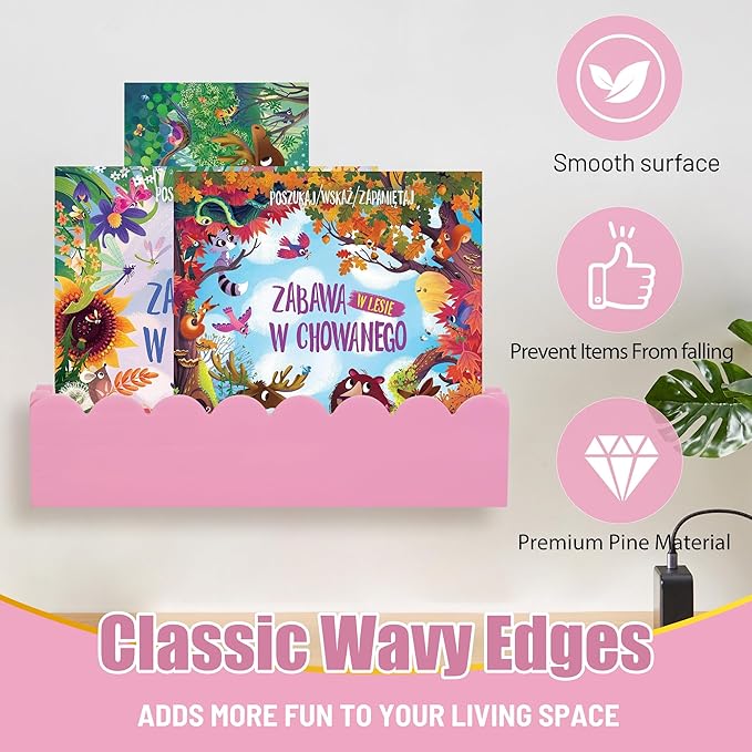 Wood Floating Shelves for Wall,Nursery Bookshelf,Kids Book Shelf,Baby Toys Storage Decor Organizer Wall Mounted for Living Room Bedroom,Wavy Edge,Preassembled,2 Pack,Scalloped Pine(Pink)