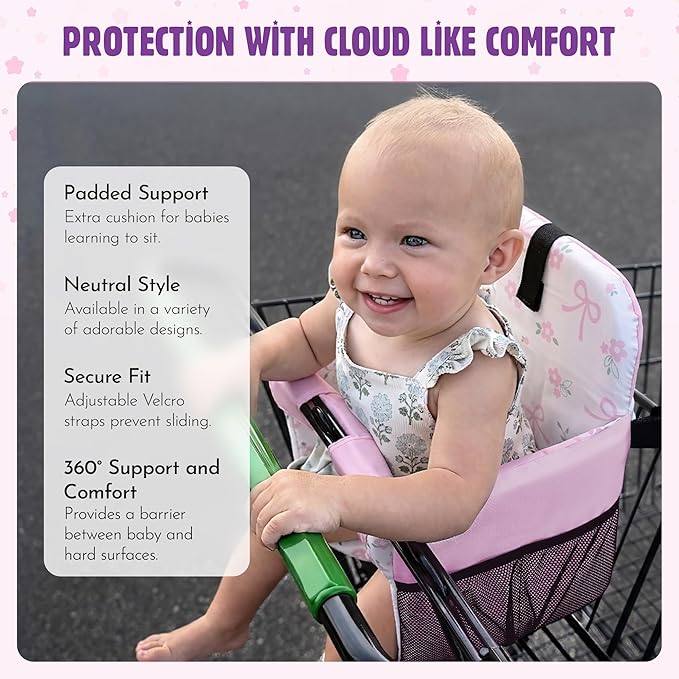 Shopping Cart Seat Cover for Baby, High Chair & Grocery Seat Protector, Padded Chair Covers for Restaurant Seats, Unisex Machine Washable Grocery Cart Liner & Swing Insert – Pink Bows