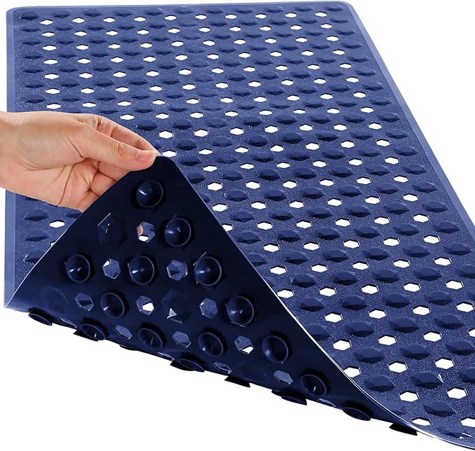 Yimobra Bath Tub Mat Non Slip, 34.5"x15.5" Long Shower Mat, Machine Washable Bathmat with Drain Holes and Suction Cups, Soft on Feet, Bathroom Essentials, Dark Blue