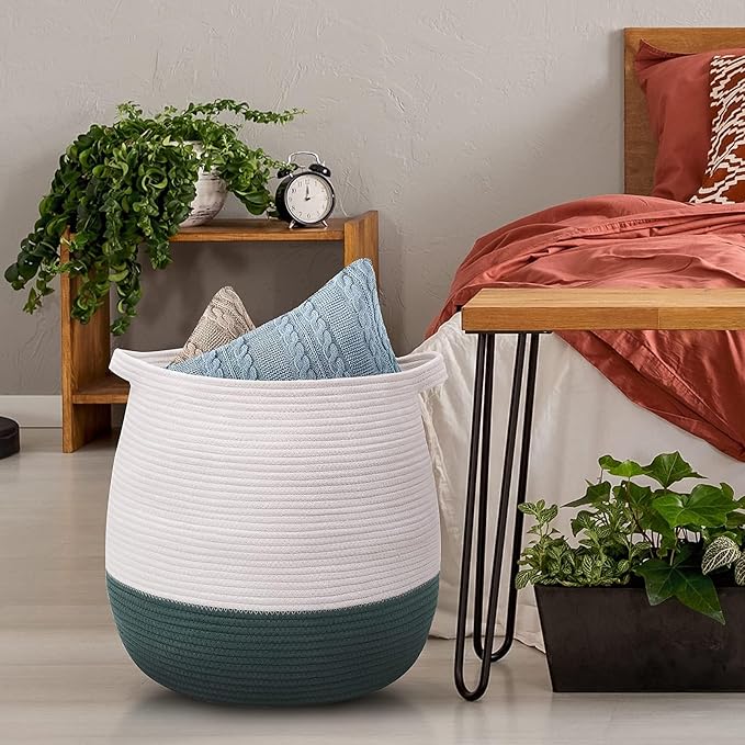 Large Cotton Rope Basket, Woven Storage Basket for Toy, Laundry and Blanket Organizer, Round Hamper Basket with Handles for Kid's Room 17.7"x16.9"