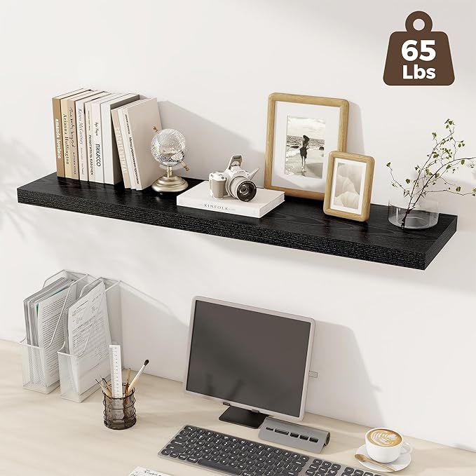 Fun Memories 12 Deep Floating Shelves for Wall, 48W x 12D Extra Large Floating Shelves Set of 2, Hanging Wood Wall Shelves for Living Room, Kitchen, Bedroom, Farmhouse, Laundry Room, Office - Black