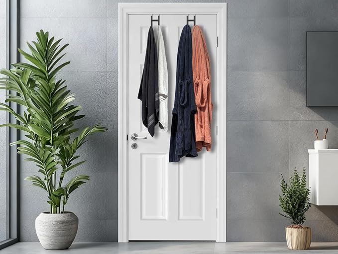 Mars-Rock Over the Door Twin Metal Hooks with Plastic Coating 5.5" Fit 0.5" to 1 3/8" Door 2 Sets Heavy Duty Towel Robe Rack Wreath Bathroom Shower Hanger Shoe Organizer Ironing Board Short Black
