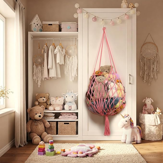 Stuffed Animal Storage Hammock Corner Hanging Net Stuffy Animal Hammock Macrame Toy Display Plush Toy Holder for Kid Bedroom Decor Boho Nursery Playroom Organizer (pink)