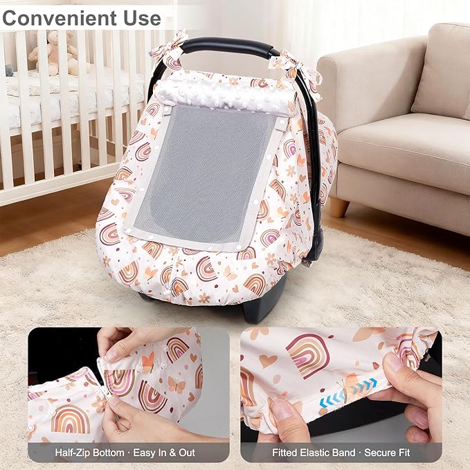 FIOBEE Baby Car Seat Cover, Car Seat Covers for Babies Infant Car Seat Canopy with Breathable Mesh Window Waterproof Carseat Cover for Babies Boy Girl 4 Seasons, Brown Rainbow