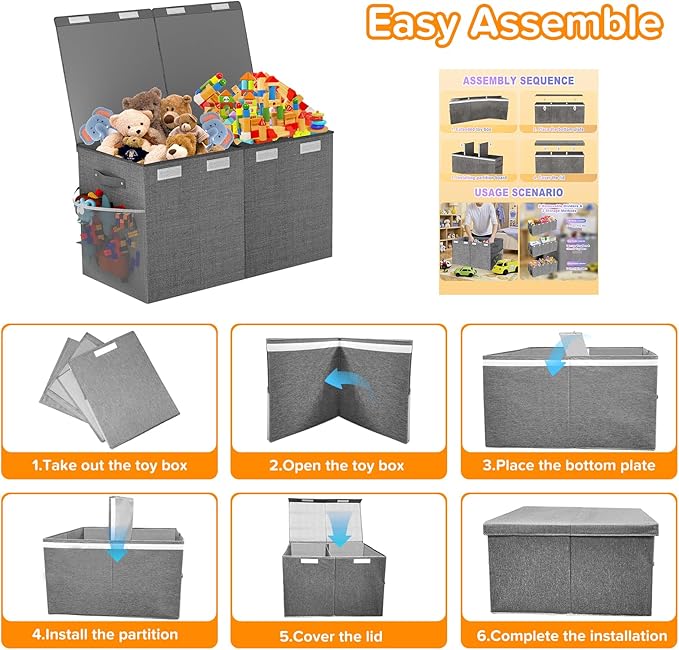 Large Toy Box Chest, Collapsible Sturdy Toy Storage Organizer Boxes Bins Baskets Dinosaur Kids Toy Chest Bin with Lids for Boys Girls Living Room Playroom Bedroom Nursery 25"x14"x16" Gray