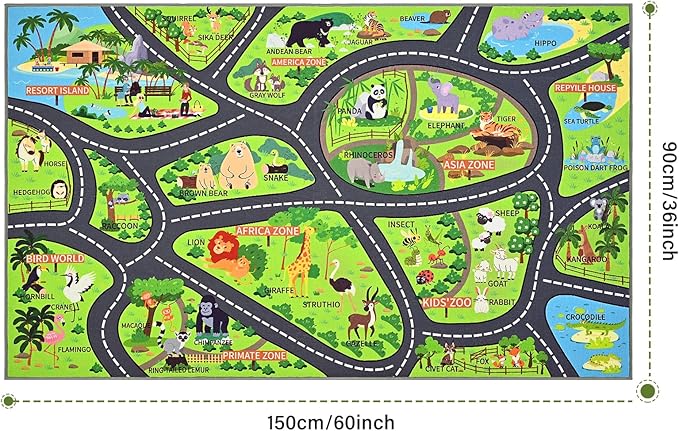 Zoo Adventure Kids Car Rug, Cute Animal Play Mat with Non-Slip Backing, Kids Carpet with Lions, Tigers & Giraffes for Educational and Fun Playtime, 60"x36"