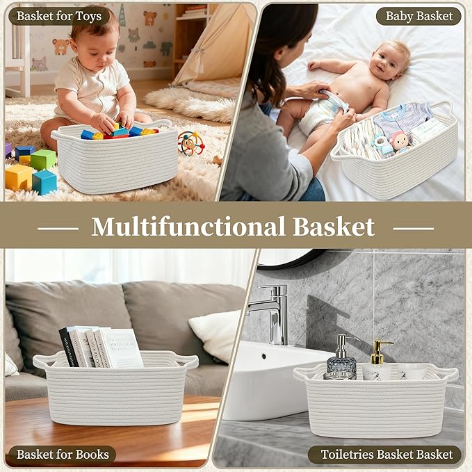 Gift Baskets Empty for Kids, Valentines Day Basket Woven Storage Basket for Gifts Small Rope Basket for Toy Baby Shower Baskets for Diaper Caddy White, 14 x 10 x 6 inches