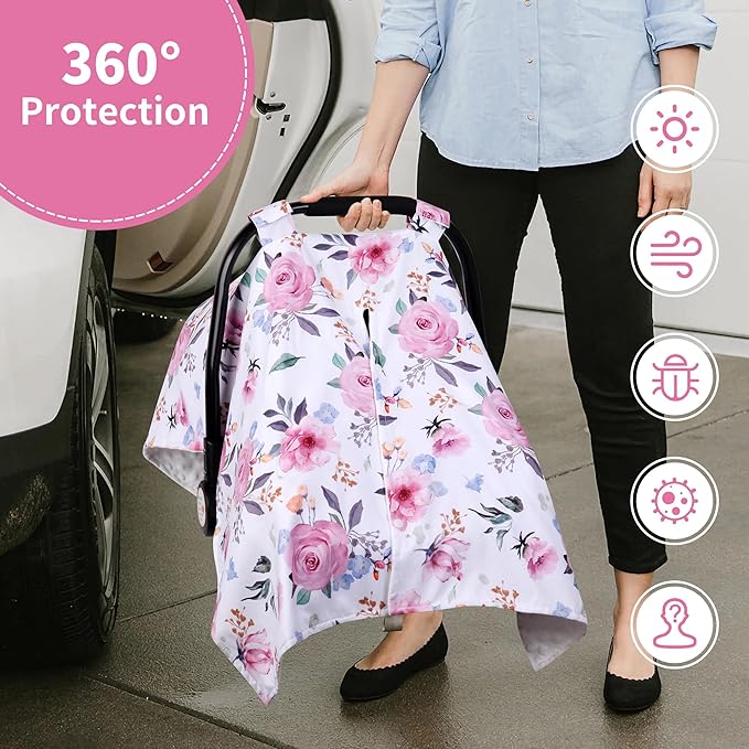 Rquite Car Seat Cover Baby, Carseat Covers Baby Girl, Winter Infant Car Seat Cover, Warm Minky Car Seat Canopy, Baby Carrier Cover with Peekaboo Opening, Multi Use Nursing Cover & Toddler Blanket