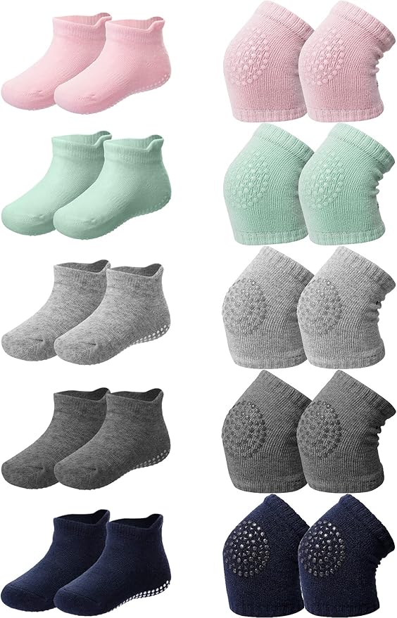 10 Pairs Baby Crawling Anti Slip Knee Pads and Anti Slip Baby Socks Set Unisex Toddler Knee Protectors Non Slip Ankle Socks