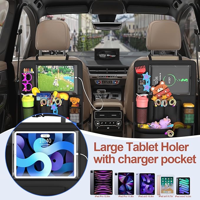Oneyus Backseat car Organizer with Touch Screen,2PACK of car organizer Kick Mats Back Seat Protector with 10pcs Storage Pockets,Car Seat Back Organizers Storage for Kids road trip essentials