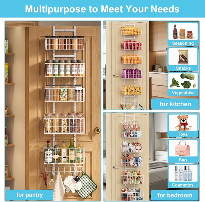 Over The Door Organizer, Hanging Door Organizer with 5 Metal Baskets, Behind The Door Storage for Pantry Closet Bedroom Bathroom Cabinet Kitchen, White