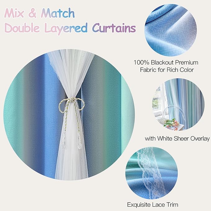 XiDi 100% Blackout Curtains for Girls Bedroom Living Room 96 Inch Length 2 Panels Kids Rainbow Blue Green Grey Mix & Match Double Layer Curtains with Sheer Overlay Grommet Window Drapes 52W x 96L