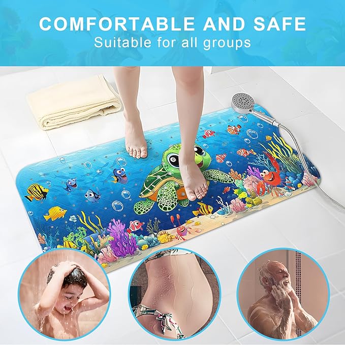 Upgrade Cartoon Baby Bath Mat Non Slip - 40"x16" Extra Long Bathtub Mat for Baby Eco Friendly Durable Bath Mat for Tub Non Slip Kids Tub Mat with Suction Cups, Machine Washable and No Fading, Turtle