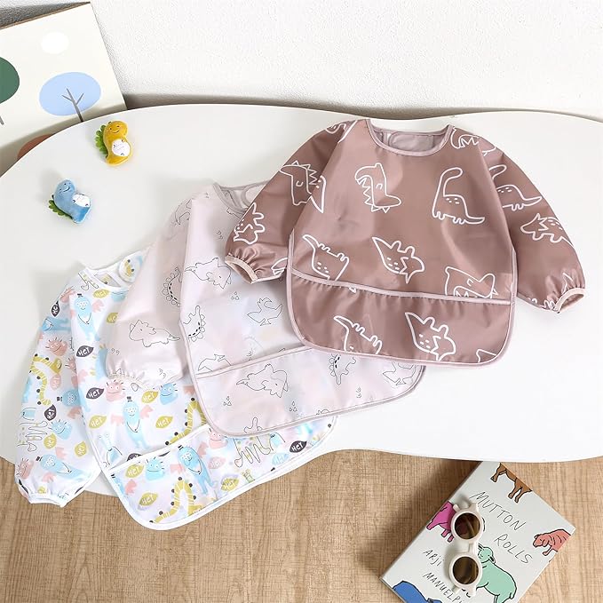 Hafftnun Long Sleeved Bibs,5 PCS Waterproof Wearable Bibs with Sleeves,Baby Feeding Smock 6-30 Months