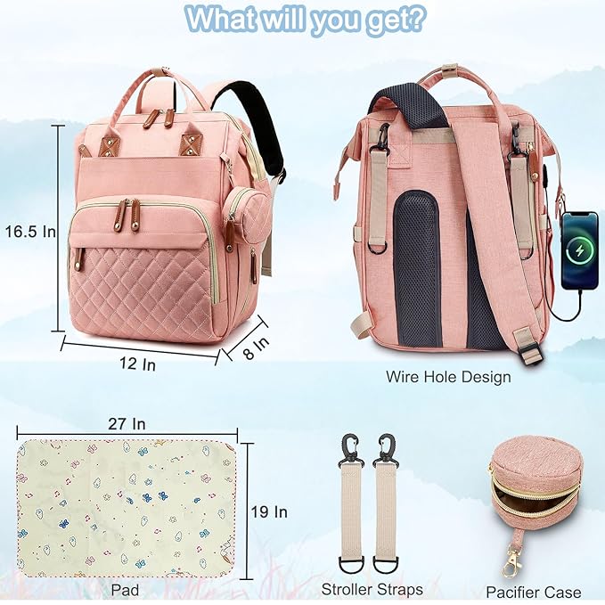 SHITIESHOU Diaper Bag Backpack Baby Bag, Baby Girl Boy Diaper Bag for Dad Mom with Pad,16 Pockets, Pacifier Case, Large Diaper Bags Unisex for Travel (Orange Pink)