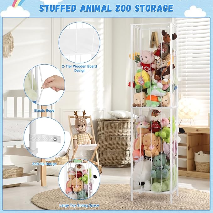 OYEAL Stuffed Animal Storage Holder Metal Toy Storage Organizer, 64'' Stuff Animal Organizer Plushies Storage with Elastic Rope for Playroom Bedroom Kid Room, White