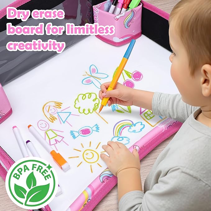 Kids Travel Tray for Toddler Carseat, Road Trip Activities Essentials, Kids Lap Desk Tray with Tablet Holder Stand and Dry Erase Board, Pink Unicorn