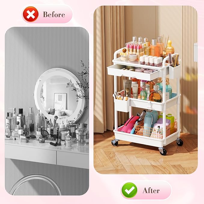 Makeup Cart Organizer with Drawers, Floor Skincare Organizers Vanity Storage Organizer, Rolling Makeup Bathroom Storage Cart Cosmetics Display Cases for Skin Care Perfume Nail Polish, White