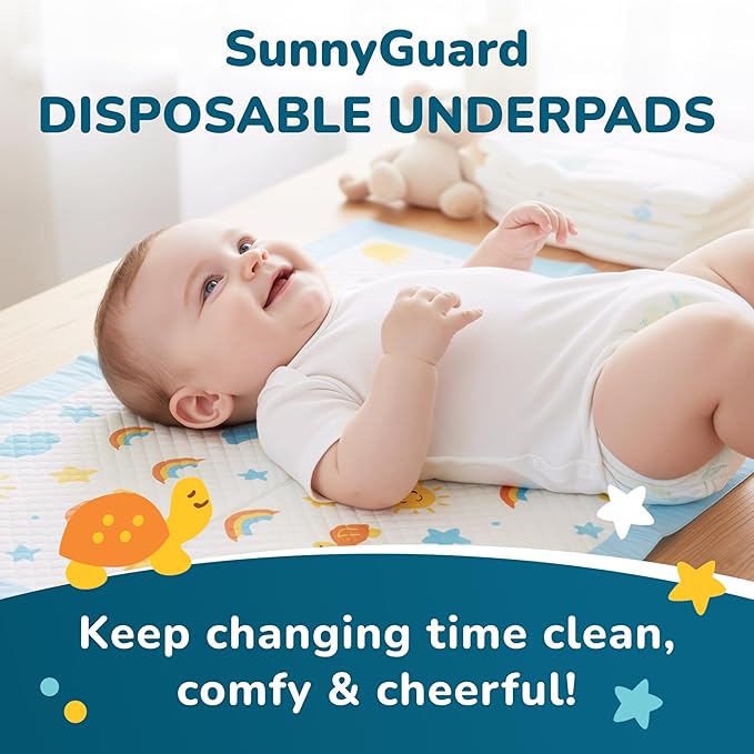 SunnyGuard Disposable Changing Pads for Baby 13 x 18 Inches, 50 Diaper Changing Pad with Unique Design & 6 Layers of Protection for Nursery Use, Travel Changes & Pee Pad Protection, 33 x 46 CM