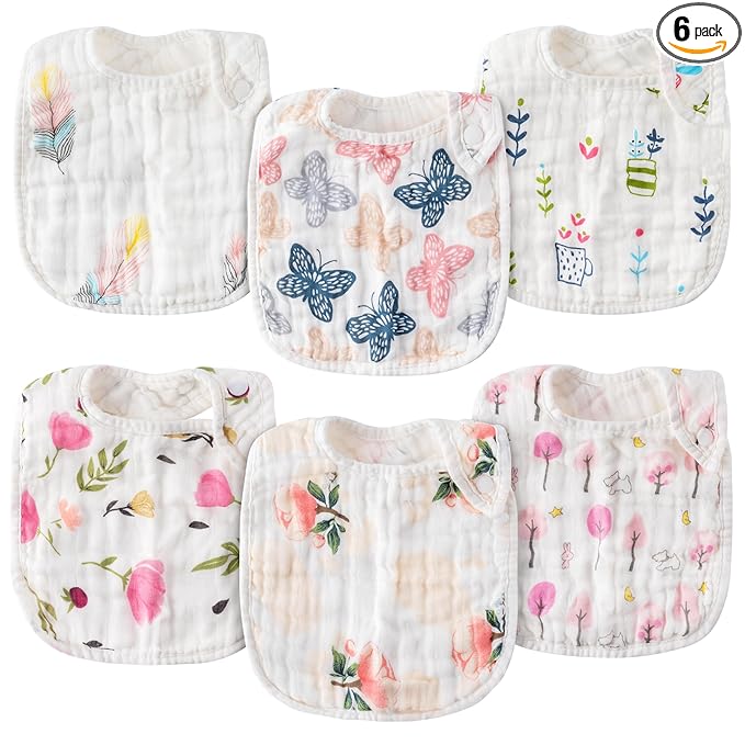 Zainpe 6Pcs Snap Muslin Cotton Baby Bibs Spring Butterflies Flowers Bib with 6 Absorbent Soft Layers Adjustable Burp Cloths for Infant Girl Boy Toddler Drooling Eating Teething Feeding 0 to 24 Months
