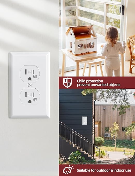 AIDA 15 Amps Duplex Outlets and Wall Plates Bundle,Weather Resistance & Tamper Resistant Electrical Receptacle, Wall Outlet,2 Pole,3-Wire, Self-Grounding, NEMA 5-15R,UL Listed 20 Pack, White