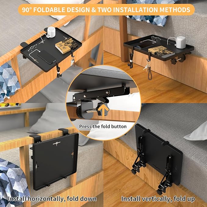 Bedside Shelf, Bedside Shelf for Dorm Bunk Bed, Clip On Nightstand Foldable, College Dorm Room Essential Bedside Tray with Magnetic Mat and Cable Management for Dormitory Black