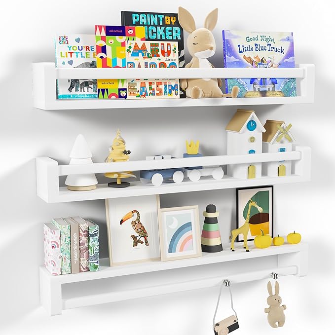 Heimlove Nursery Floating Shelves, Solid Wood Nursery Book Shelves for Wall, 32 inch Bookshelf for Kids, Wall Mounted Shelves for Books,Toys and Decor Storage, Set of 3 (White)