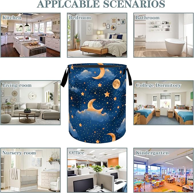 VODRM Moon and Star Night Sky Laundry Basket, Dirty Collapsible Clothes Toy Organizer Hamper for Kids Adults, Oxford Cloth Waterproof Storage Bin for Bedroom Bathroom Home Decor Gifts, 19.7"X15.7"