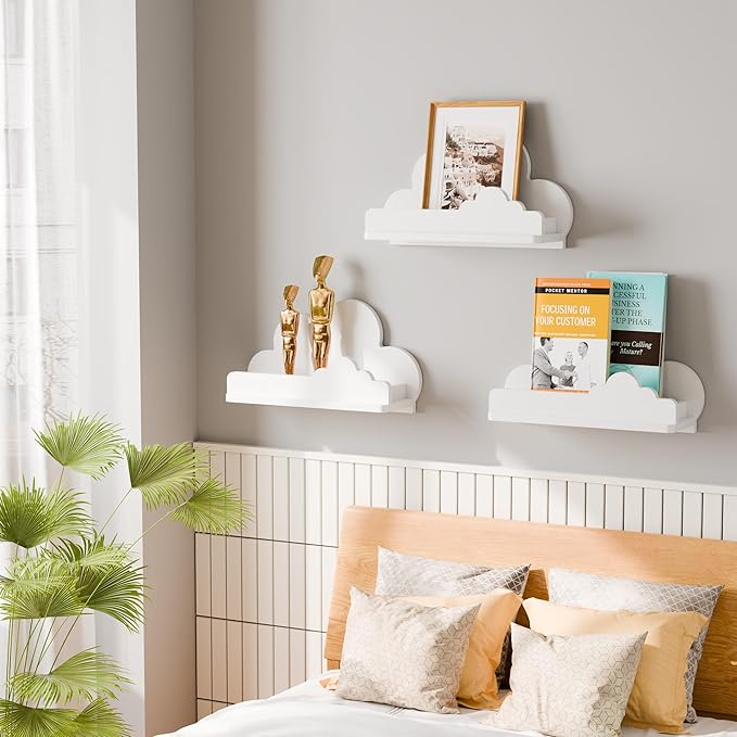 Beskadi Cloud Shelves for Kid’s Room Nursery Wall Deor Set of 3, White Cloud Bookshelf Floating Shelf, Small Figure Shelf Wall Mounted, Cute Decorative Cloud Floating Shelf for Toys, Plants & Storage