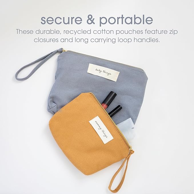 Pearhead Mommy and Baby Things Pouch Set, Canvas Zipper Organizer Bags for Diaper Bag and Travel, Cosmetic and Makeup Bag for Mom